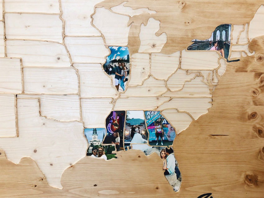 The handmade wooden map made by Taylor for Kianna