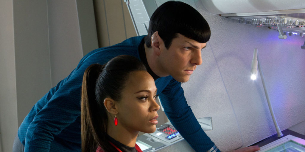 Quinto and Saldana as Captain Spock and Uhura in Star Trek, directed by J.J. Abrams.