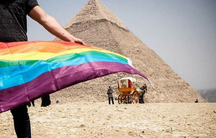 A previous protest where an activist flew a rainbow flag at the pyramids in Giza.