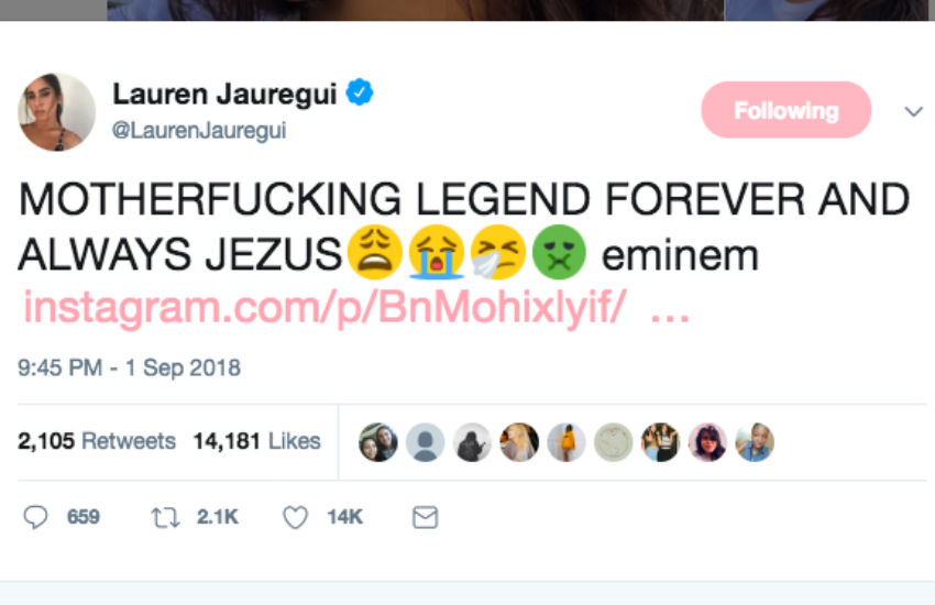 Screenshot of Lauren's Twitter post praising Eminem