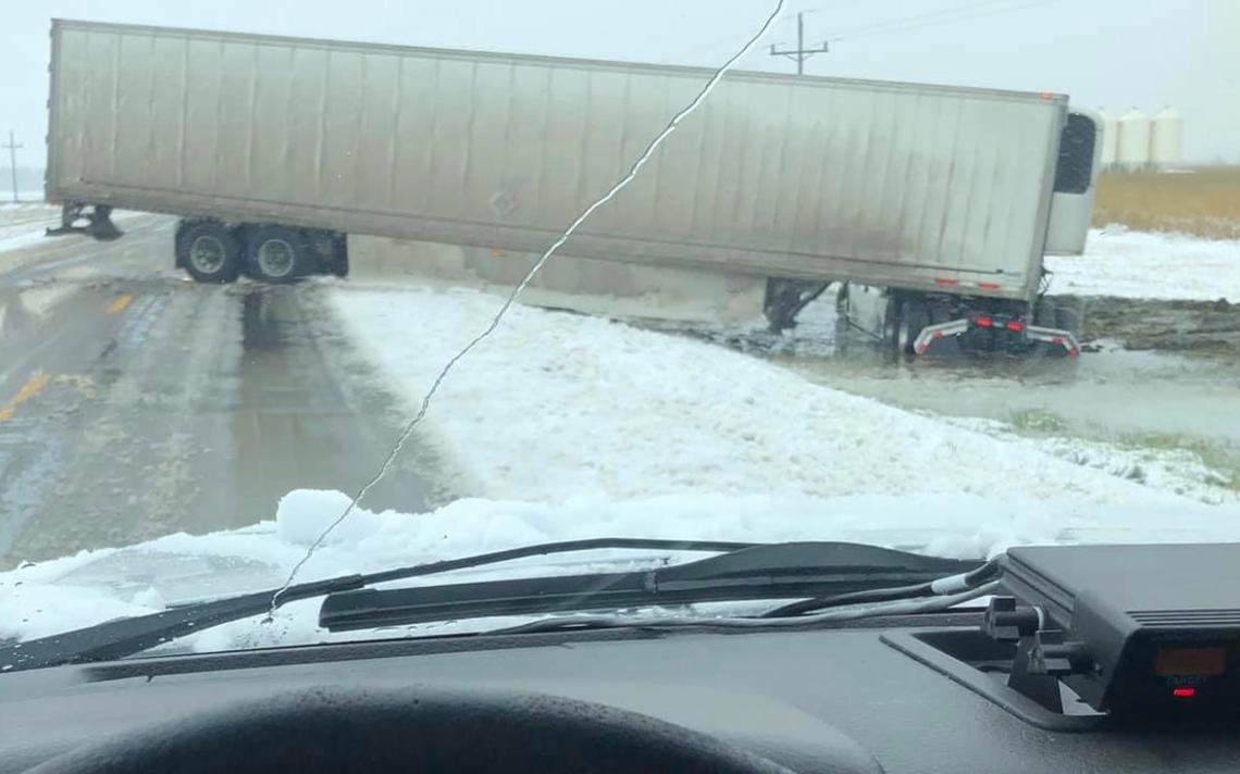 The winter storm impacting the region has led to slippery road conditions across parts of North Dakota. This Foster County Sheriff's Office photo shows a jackknifed semi-truck near Carrington, N.D., Thursday, Oct. 10. Submitted photo